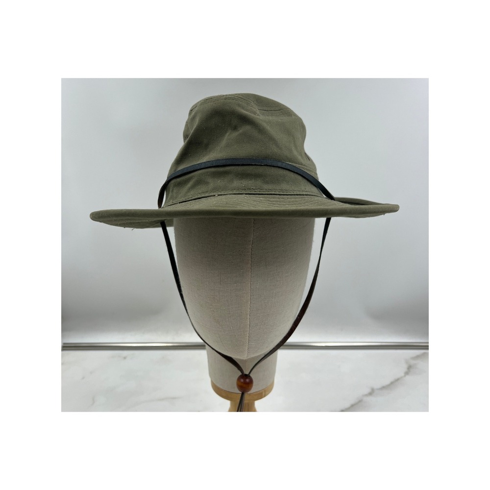 J Hats Olive Green Canvas Safari Fedora Wide Brim Sun Hat Chin Strap Adjustable
